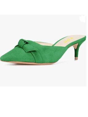 YDN Green Low Heel Slide Sandals Pointed Toe Slip on Bow Mules Casual Out Shoes